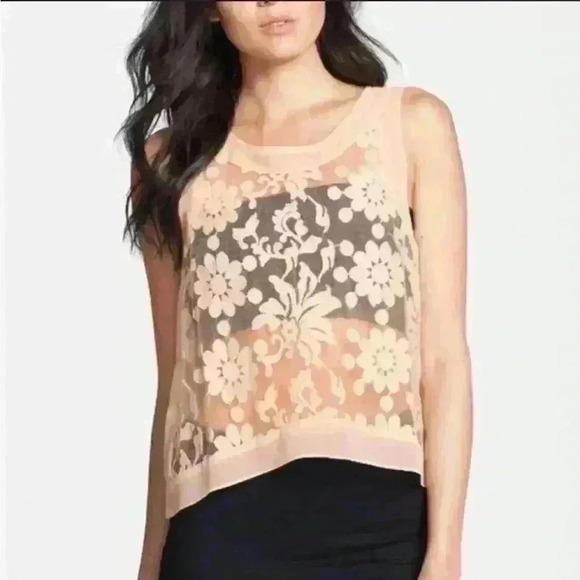 ASTR Floral Blush Cream Sheer Panel High Neck Tank Top, S - Picture 1 of 9